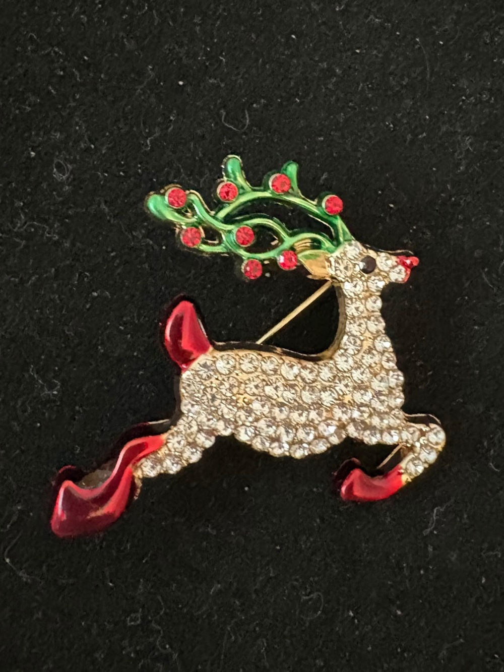 Rhinestone Reindeer Christmas Brooch Red Green Gold Holiday Pin